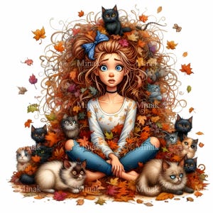 10 PNG Fall cat girl clipart – Cute autumn PNG illustration – Whimsical leaves and kittens art for seasonal decor, crafts, prints