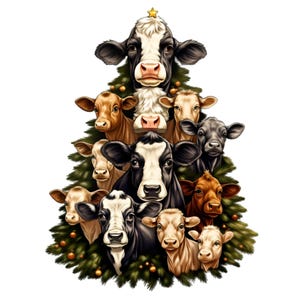 15 kerstkoe png-afbeeldingen – Schattige koeiengezichten gerangschikt in de vorm van een kerstboom met groen, ornamenten en stertopper