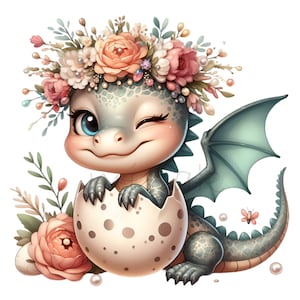 10 imágenes PNG de bebés dragón: un adorable dragón guiñando un ojo en un huevo con corona floral. Sublimación de fantasía para guarderías infantiles y decoración de bebés.