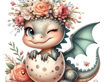10 PNG Cute Baby Dragon Clipart – Fantasy Dragon PNG – Floral Nursery Art for Stickers, Kids Cards, Scrapbooking Crafts & Sublimation Design