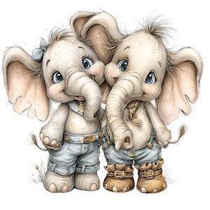 Puede incluir: Ilustración de dos elefantes de dibujos animados, con piel gris claro y grandes ojos azules. Llevan monos vaqueros y botas marrones. Uno de los elefantes tiene un lazo azul. Imagen encantadora para la decoración infantil.