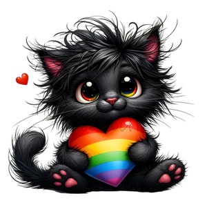 12 cliparts chat arc-en-ciel PNG, chaton mignon avec coeur, illustration de chat fierté pour créations manuelles, sublimation et créations numériques