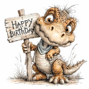 14 PNG Birthday greeting clipart – Cute dinosaur PNG – Funny dino holding sign for kids party decor, cards, invitations, crafts