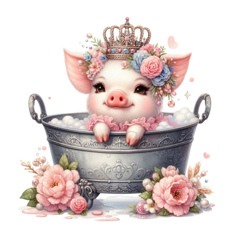 Princess Piglet 10 PNG Royal Pig Tub Clipart, Princess Piglet Floral Bathtub, Fancy ...