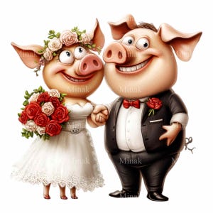 12 Porco Casamento PNG Clipart, Cute Porco Casal Arte, Noiva e Noivo Porcos, Fundo Transparente, Download Digital