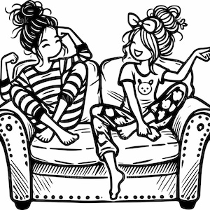 5 divertenti ragazze SVG Cut File - Due amiche alla moda che ridono su un divano in pigiama - Clipart di amicizia divertente