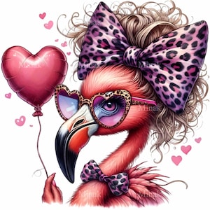 12 Cliparts PNG de Flamingo para o Dia dos Namorados – Flamingo estiloso com óculos de coração, laço de leopardo, balão e cachos, design fofo de pássaro do amor