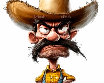 Può includere: Un'illustrazione di un uomo dei cartoni animati che indossa un cappello da cowboy marrone, una camicia a quadri gialla e una salopette blu. Ha un grosso baffo e un'espressione seria sul viso.