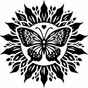 6 archivos SVG de mariposa y girasol (cortes SVG). Clipart de silueta de insecto floral. Diseño inspirado en la naturaleza para manualidades con Cricut y láser.