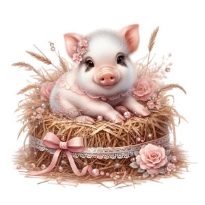 12 PNG de lindos cerditos bebés, cerdito rosa con flores PNG, cerdo de dibujos animados en nido de paja con flores, arte de pared para guardería de granja