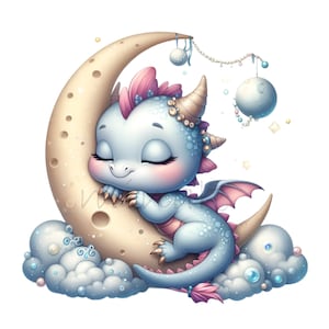 10 PNG schlafende Baby-Drachen - süße Mond Clipart - Kinderzimmer Kunst für Kinderzimmer Dekor