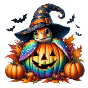 15 Halloween Turtle PNG, Tartaruga arcobaleno carina con cappello da strega e zucca, Clipart autunnale spettrale