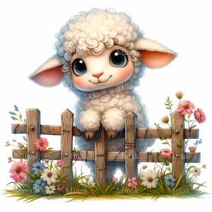 May include: A white fluffy lamb with big blue eyes peeks over a wooden fence with pink and blue flowers growing around it.