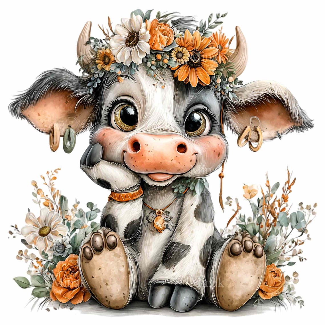 15 PNG Cow Clipart Floral Illustration, Watercolor Baby Farm Animal for ...