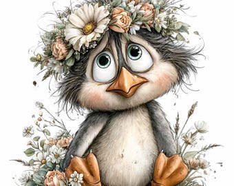 12 Penguin Floral PNG Daisy Wreath Bird Sublimation Water Color Artwork Graphic