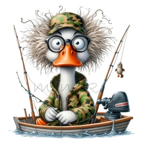15 divertidos dibujos PNG de patos con chaqueta de pesca, cabello desordenado, gafas y equipo de pesca sentados en un bote – Diseño de sublimación