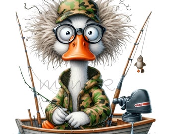 15 PNG Funny Fisherman Duck, Glasses Hat Boat Fishing Clipart Graphic