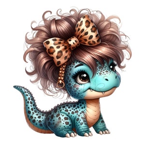 Dinosaurie-clip art, 10 PNG-kladdig bulle, dinosaurieflicka-clipart, rolig djur-clipart, utskrivbar leopardmönster-rosett för barnrum, DIY-korttillverkning bild 5
