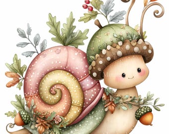 16 Snail Acorn Hat PNG, Woodland Sublimation Autumn Shell Garden Animal Craft Print