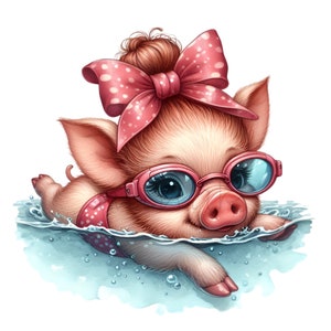 15 imágenes prediseñadas de cerdito nadador: lindo cerdo con lazo y gafas, arte digital para manualidades infantiles, decoración para fiestas en la piscina e invitaciones