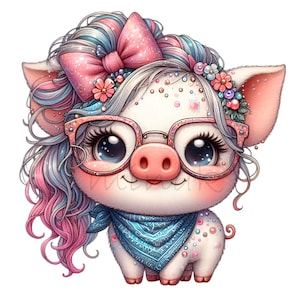 Lindo cerdo clipart, 12 cerditos nerds PNG, ilustración de gafas y pañuelo en la cabeza, adorable animal de granja, arte digital para hacer tarjetas DIY