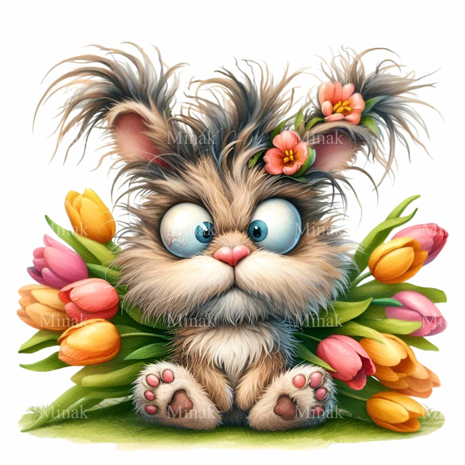12 PNG Messy Hair Bunny Clipart, Tulip Flower Rabbit Sublimation ...