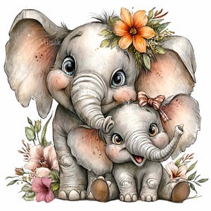 May include: A watercolor illustration of two gray elephants. The larger elephant has an orange flower crown. The smaller elephant has a bow. Pink and orange flowers and greenery surround the elephants.