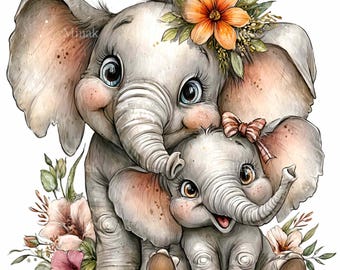 15 PNG Floral Elephant Mother and Baby, Nursery Family Graphics