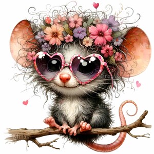 Adorable souris avec coeur lunettes et couronne de fleurs PNG Clipart - 12 mignons animaux de la forêt - Illustration lunatique de l'amour