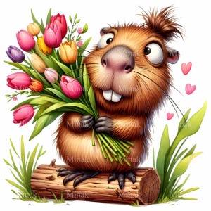 12 cliparts de fleurs printanières PNG - Capybara PNG - Art animalier mignon pour cartes de la Saint-Valentin, décoration pour enfants, impressions d'amour et travaux manuels dans les bois
