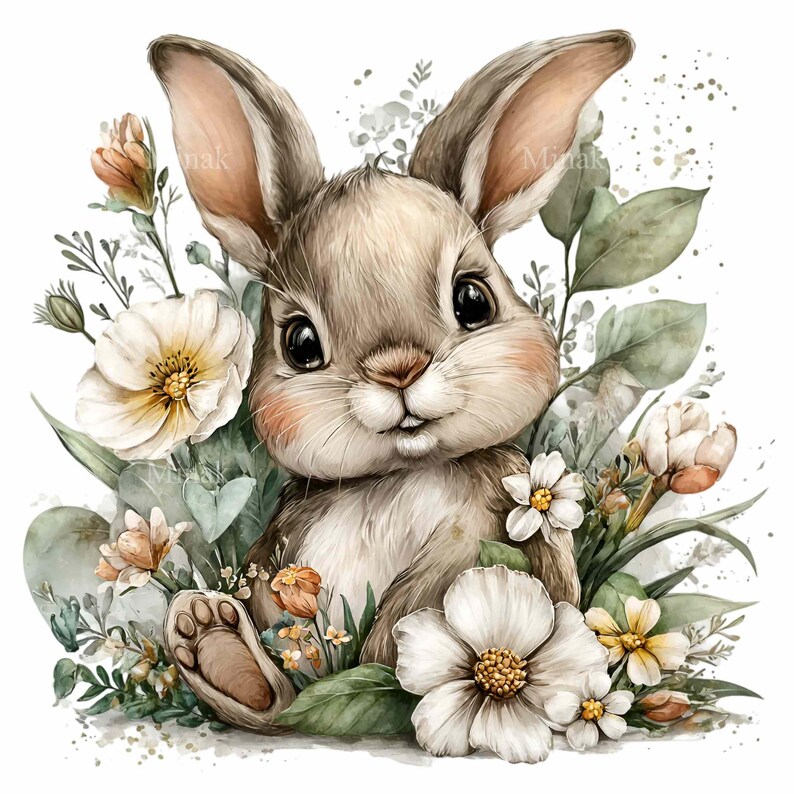Puede incluir: Ilustraci&oacute;n en acuarela de un lindo conejito rodeado de flores y vegetaci&oacute;n. El conejito tiene un pelaje marr&oacute;n suave, mejillas rosadas y grandes ojos negros. Flores blancas y naranjas est&aacute;n dispersas alrededor del conejito.