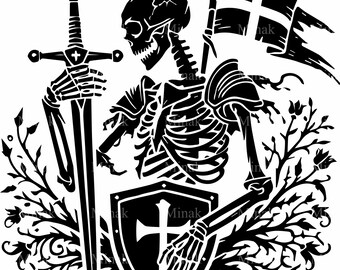 5 Bandiere di cavalieri scheletrici SVG, file vettoriale di taglio di scudi a croce medievali, arte fantasy con teschi