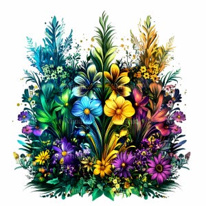 12 cliparts PNG floraux tropicaux avec des fleurs de la jungle vibrantes, des feuilles colorées et des plantes exotiques – Panneau d'art numérique jardin