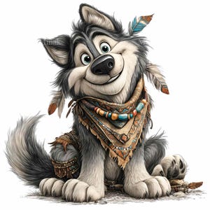 Può includere: Illustrazione di un cucciolo di lupo dei cartoni animati sorridente, con pelliccia grigia e bianca. Il lupo indossa una bandana fantasia, una collana di perline e piume tra i capelli. Il cucciolo è seduto e ha un'espressione amichevole.