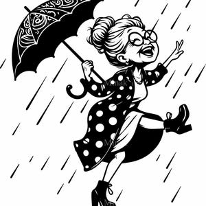 7 SVG de abuela bailando - SVG divertido de mujer mayor - Diseño de feliz día lluvioso para tarjetas, tazas y regalos DIY