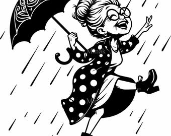 7 SVG Dansande mormor clipart – Rolig äldre kvinna SVG – Glad regnig dag design för kort, muggar och DIY-presenter