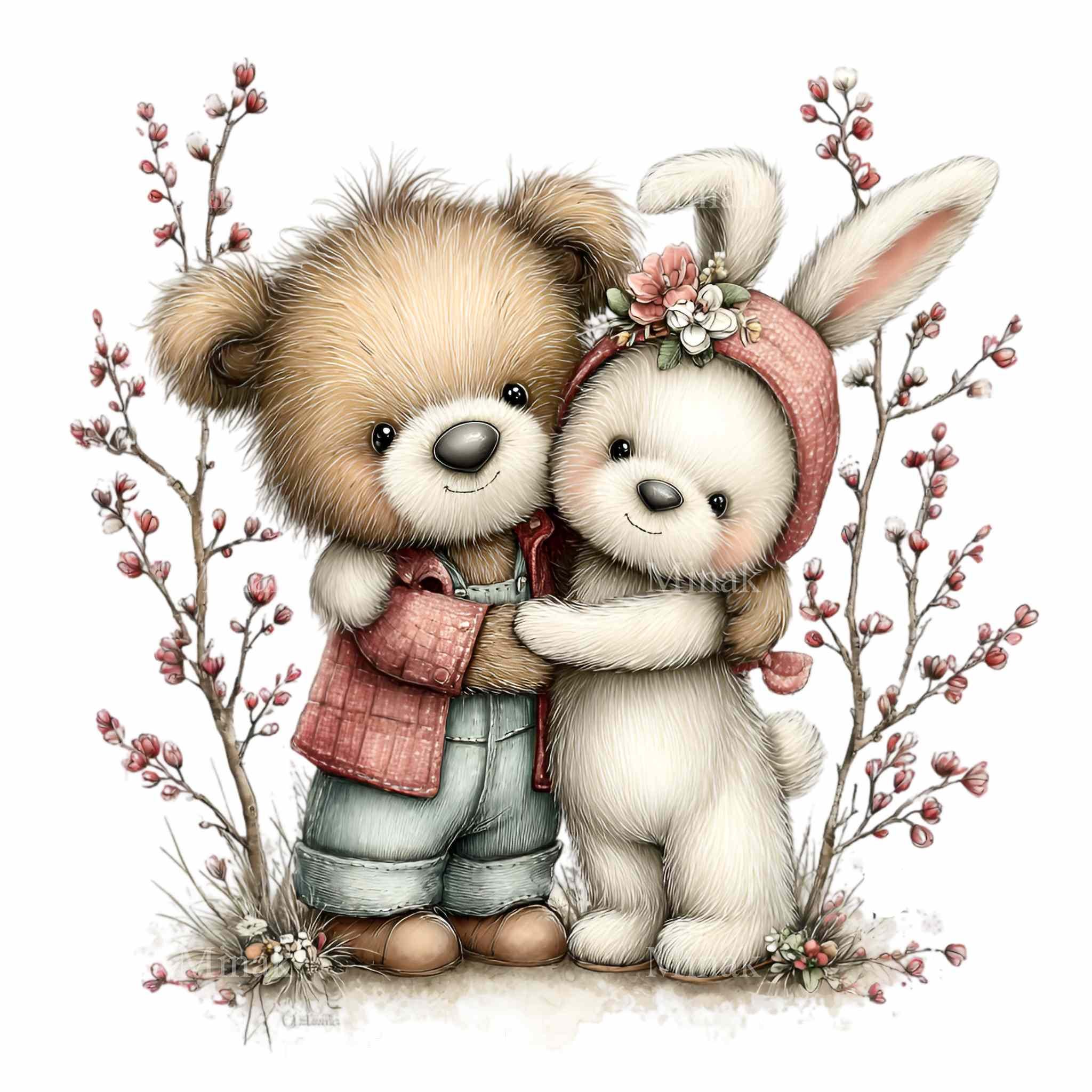 15 PNG Bear and Bunny Clipart – Sweet Animal Hug Illustration, Spring ...