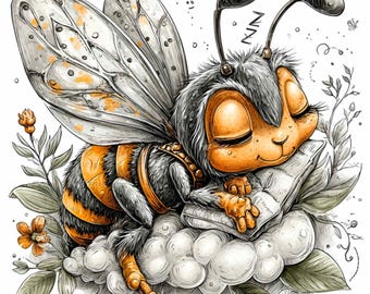 15 PNG Sleeping Honey Bee Sublimation Design, Whimsical Garden Insect Clipart
