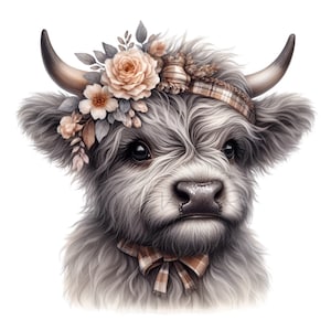 12 Highland Cow PNG Clipart - Vaca fofa com coroa floral e laço xadrez - Download digital