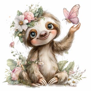 May include: A watercolour illustration of a smiling sloth wearing a floral crown, reaching out to a pink butterfly. The sloth is surrounded by flowers and greenery, creating a whimsical scene. The image has a soft, pastel colour palette.