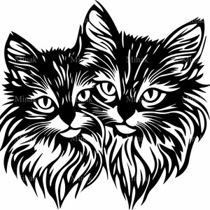 Paire de chats pelucheux SVG 4 SVG, deux chats à poil long fichier coupé, clipart amoureux félins, majestueuse silhouette d'animal de compagnie pour Cricut & Laser