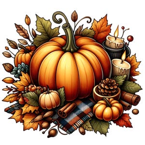 Puede incluir: Una ilustraci&oacute;n de tem&aacute;tica oto&ntilde;al con una calabaza naranja grande, dos calabazas m&aacute;s peque&ntilde;as, dos velas encendidas, una pi&ntilde;a, palitos de canela y hojas de oto&ntilde;o en tonos naranja, rojo y marr&oacute;n.