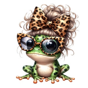 Frog Clip Art, Funny Baby Animal Clipart, 10 PNG Leopard Print Bow Baby Nursery Printable, Messy Bun Baby Frog Girl, DIY Card Making