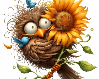 12 PNG Grumpy Sunflower Bird PNG – Funny Angry Owl Clipart, Summer Cartoon Animal, Sublimation for Sarcastic Gifts & Cards