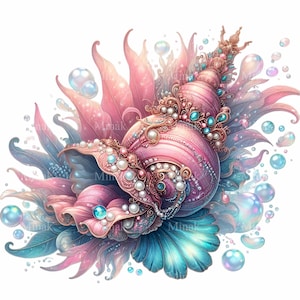 May include: A pink and blue seashell with intricate gold and pearl details, surrounded by iridescent bubbles. The shell is decorated with jewels and has a crown on top.