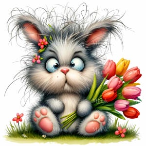 12 Hase mit Tulpen Clipart PNG | Niedliche flauschige Kaninchen-Illustration | Frühlingsblumen Digital Art