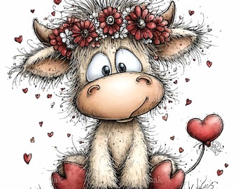 15 PNG Valentine Highland Cow, Love Cow Clipart Hearts, Floral Farm Animal Digital Download