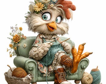 16 PNG Knitting Chicken Yarn Crafter Hen Clipart Digital
