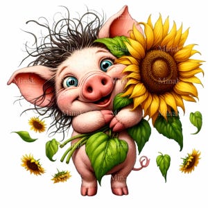 14 imágenes prediseñadas de cerdo lindo con girasol, cerdito feliz sosteniendo una flor, arte de animales de granja de ojos grandes, descarga digital