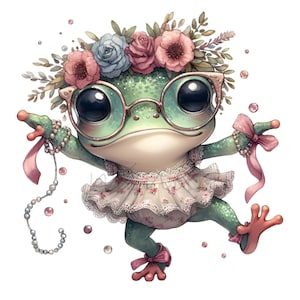 12 niedliche gekleidete Frosch Clipart PNG | Tanzender Frosch mit Brille, Blumen & Perlen | Skurrile Tier Illustration